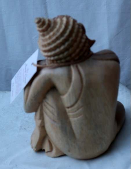 Buddha in legno di suar o noce indiano scultura color naturale in relax