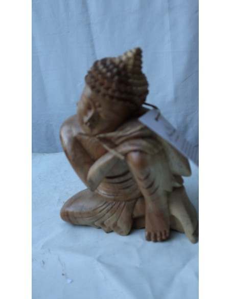 Buddha in legno di suar o noce indiano scultura color naturale in relax