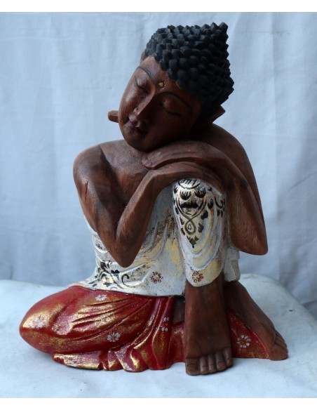 Buddha in legno di suar o noce indiano scultura color naturale in relax