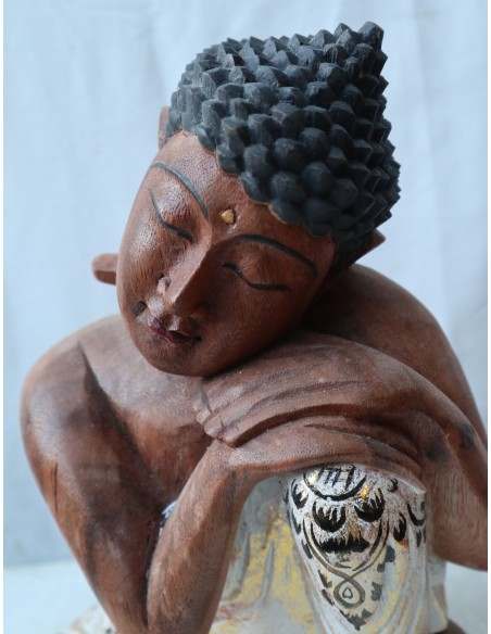 Buddha in legno di suar o noce indiano scultura veste colorata in relax