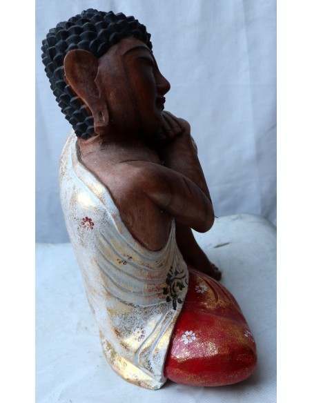 Buddha in legno di suar o noce indiano scultura veste colorata in relax