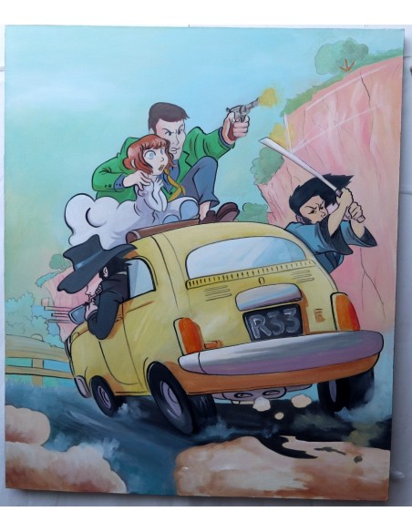 Quadro Lupin III cm 120x100 con Fujiko Margot in 500 in fuga stilizzato pop art moderno arredo