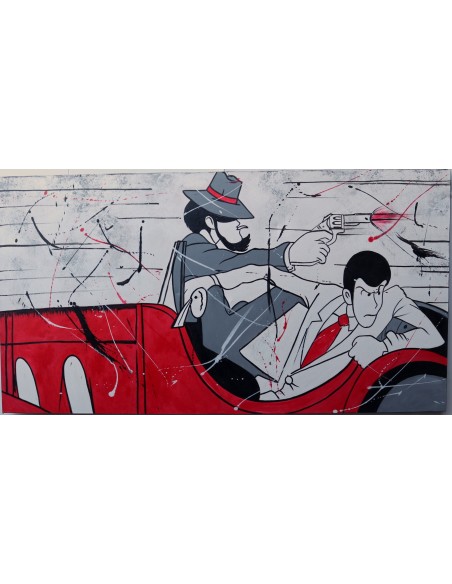 Quadro Lupin III cm 150x80 con Jigen in fuga su auto d'epoca testata letto pop art moderno arredo