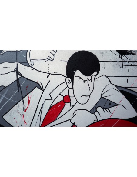 Quadro Lupin III cm 150x80 con Jigen in fuga su auto d'epoca testata letto pop art moderno arredo