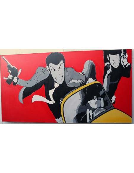 Quadro Lupin III cm 150x80 con Jigen in fuga su 500 stilizzato testata letto pop art moderno arredo