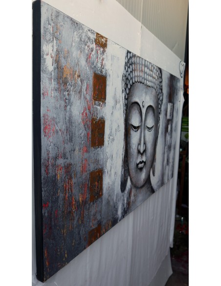 Quadro Buddha cm 150x80 grigio dipinto a mano su tela cotone telaio legno Budda
