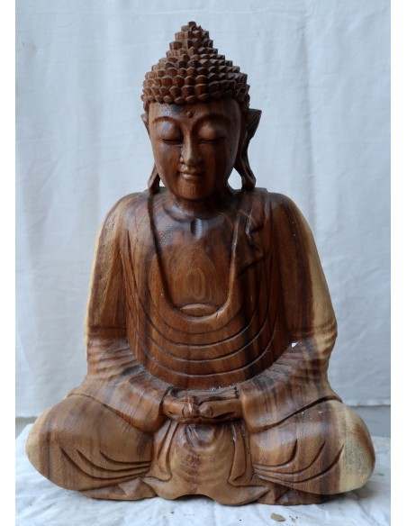 Buddha in legno di suar o noce indiano scultura color naturale