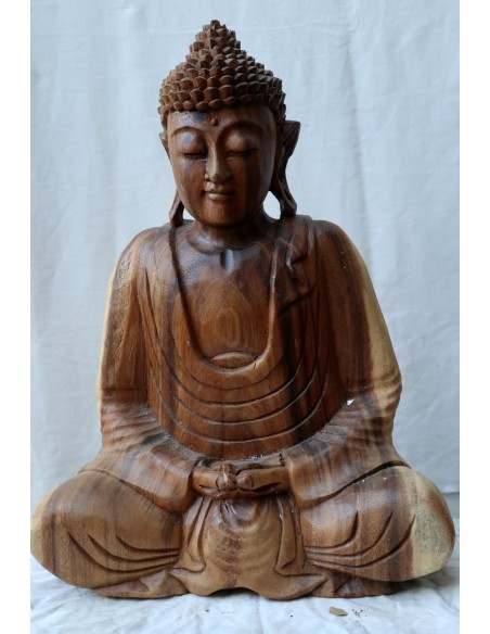 Buddha in legno di suar o noce indiano scultura color naturale