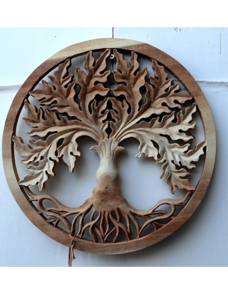 Pannello quadro albero della vita legno suar massello traforato a mano diametro cm 40 naturale palma