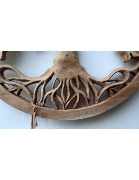 Pannello quadro albero della vita legno suar massello traforato a mano diametro cm 40 naturale palma