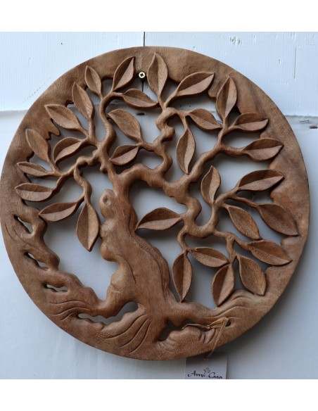 Pannello quadro albero della vita legno suar massello traforato a mano diametro cm 40 naturale olivo