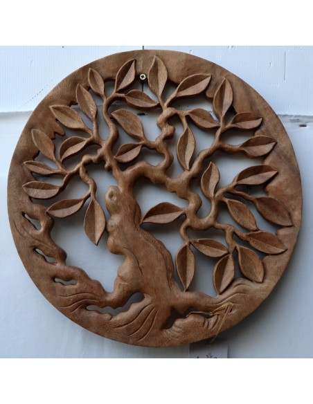 Pannello quadro albero della vita legno suar massello traforato a mano diametro cm 40 naturale olivo