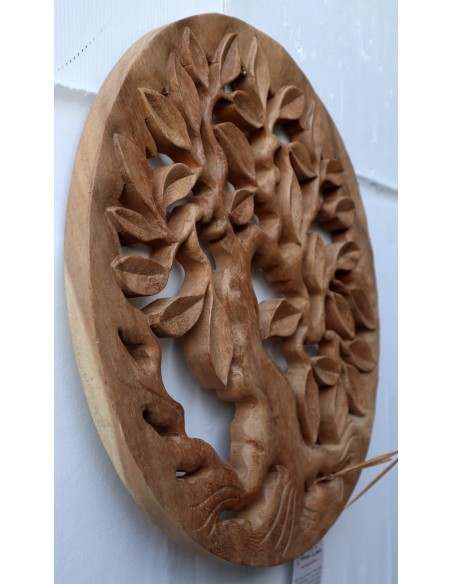 Pannello quadro albero della vita legno suar massello traforato a mano diametro cm 40 naturale olivo