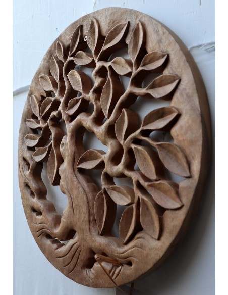 Pannello quadro albero della vita legno suar massello traforato a mano diametro cm 40 naturale olivo