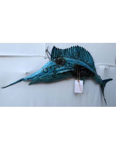 Pannello marino in metallo pesce Marlin creato e colorato mano con ingranaggi