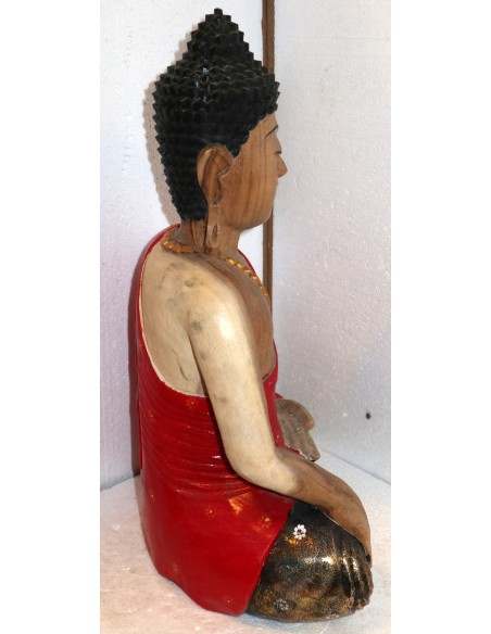 Buddha in legno di suar o noce indiano scultura veste rossa ed oro
