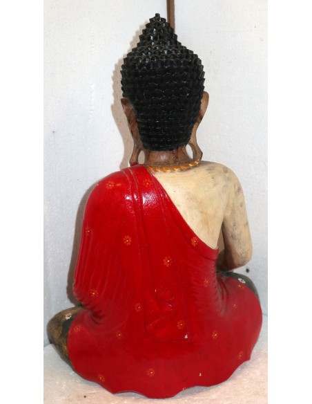 Buddha in legno di suar o noce indiano scultura veste rossa ed oro