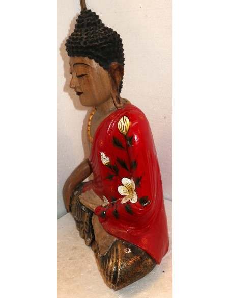 Buddha in legno di suar o noce indiano scultura veste rossa ed oro