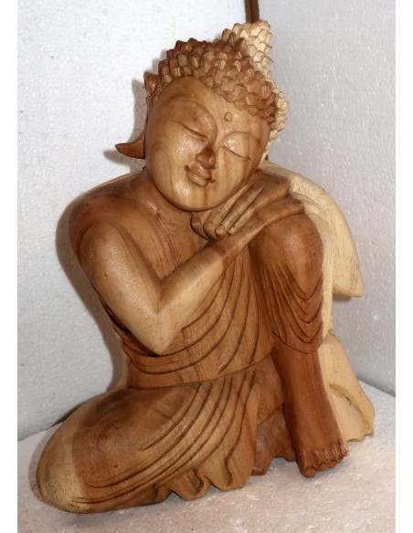 Buddha in legno di suar o noce indiano scultura color naturale in relax
