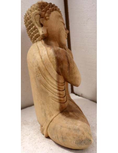 Buddha in legno di suar o noce indiano scultura color naturale in relax