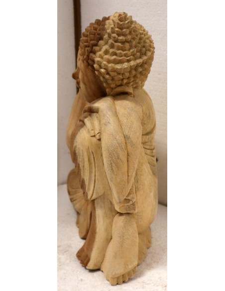 Buddha in legno di suar o noce indiano scultura color naturale in relax