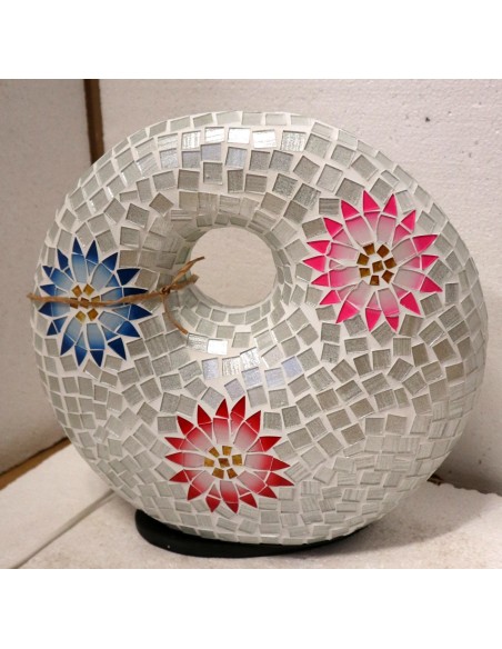 Lampada da tavolo sferica a ciambella in resina e mosaico con fiori colorati