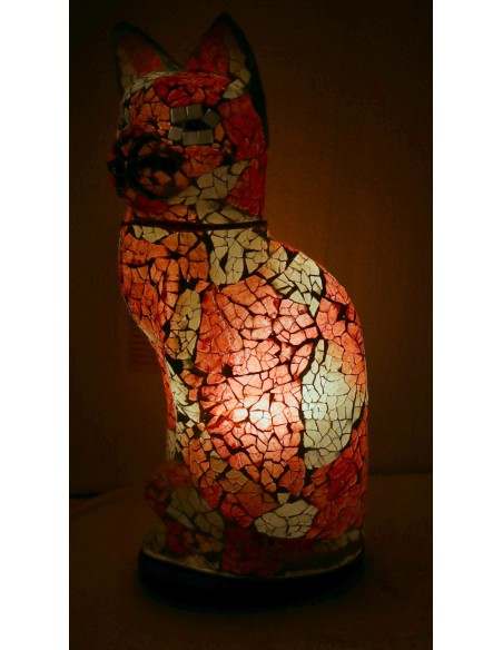 Lampada abatjour gatto cm 30 in resina e mosaico bianco e rosa gattino da tavolo