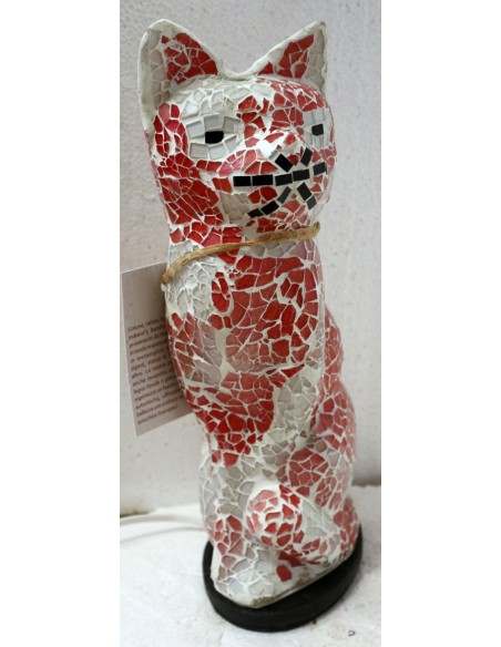 Lampada abatjour gatto cm 30 in resina e mosaico bianco e rosa gattino da tavolo