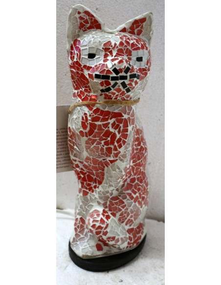 Lampada abatjour gatto cm 30 in resina e mosaico bianco e rosa gattino da tavolo
