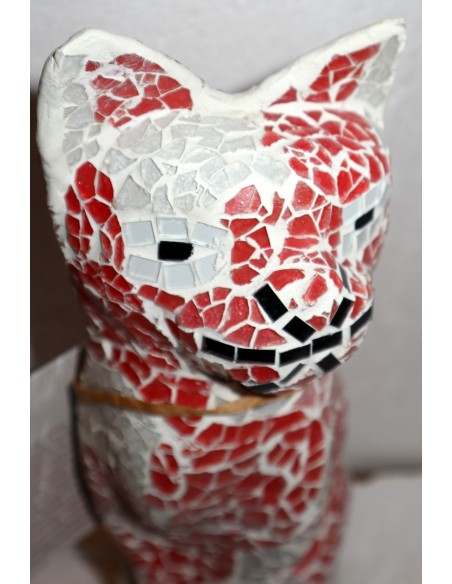 Lampada abatjour gatto cm 30 in resina e mosaico bianco e rosa gattino da tavolo