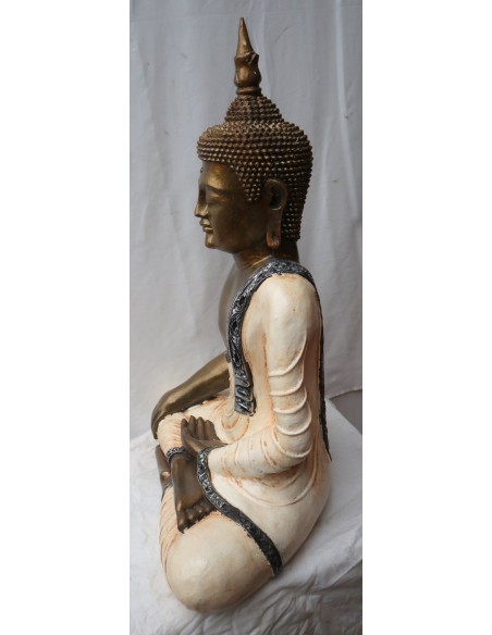 Buddha Thai in resina colorata veste bianca dipinta a mano cm 46x27x68h anticata