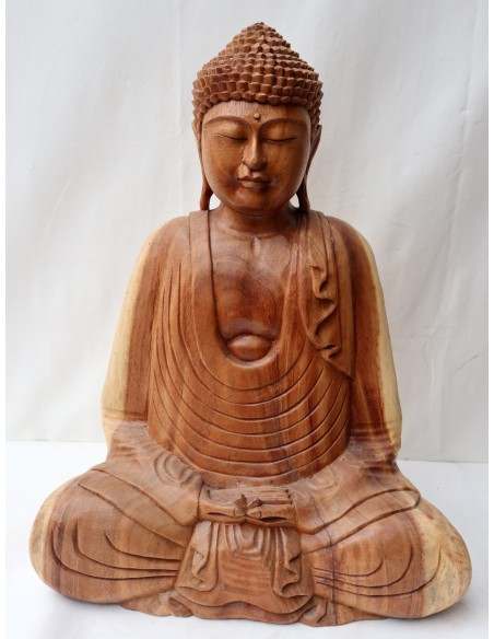 Buddha in legno di suar o noce indiano scultura color naturale cm 63hx45x24