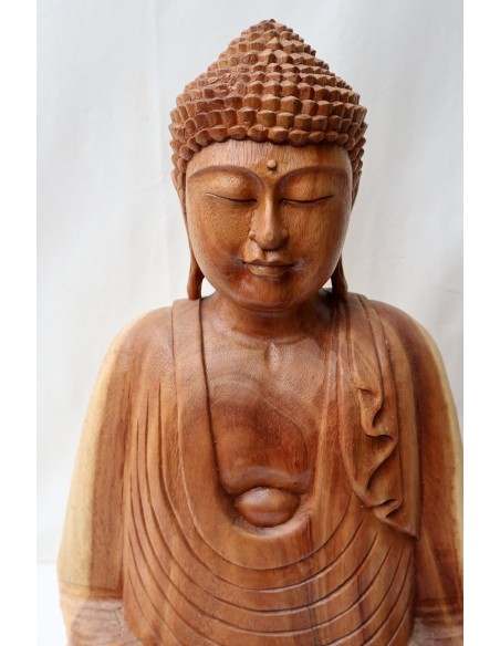 Buddha in legno di suar o noce indiano scultura color naturale cm 63hx45x24