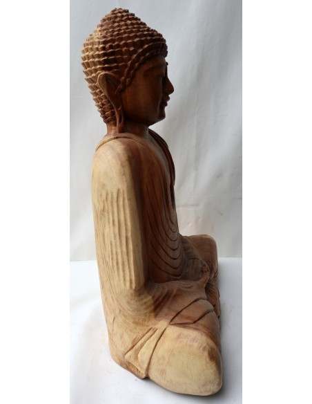 Buddha in legno di suar o noce indiano scultura color naturale cm 63hx45x24