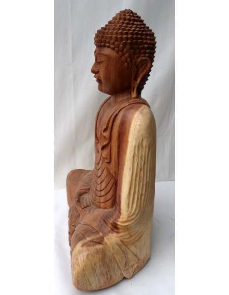Buddha in legno di suar o noce indiano scultura color naturale cm 63hx45x24