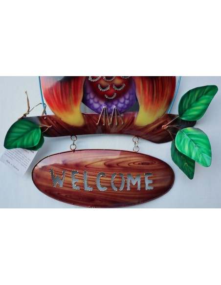 Gufo Welcome in metallo creato e dipinto a mano cm 36x40/50 da parete benvenuto