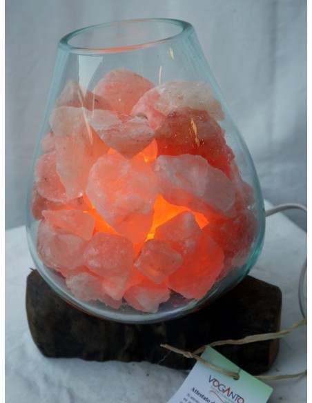 Lampada di sale irripetibile creata in vetro soffiato su legno naturale salgemma Himalaya cm 23x20x27h n 5465 Unica