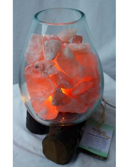 Lampada di sale irripetibile creata in vetro soffiato su legno naturale salgemma Himalaya cm 23x20x27h n 5465 Unica
