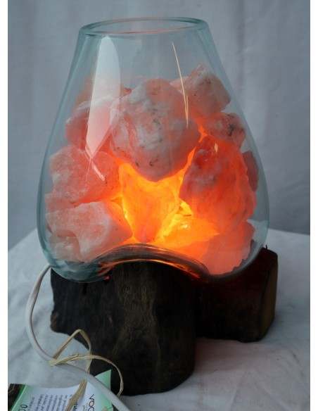 Lampada di sale irripetibile creata in vetro soffiato su legno naturale salgemma Himalaya cm 23x20x27h n 5465 Unica