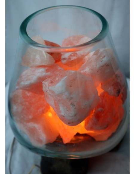 Lampada di sale irripetibile creata in vetro soffiato su legno naturale salgemma Himalaya cm 23x20x27h n 5465 Unica