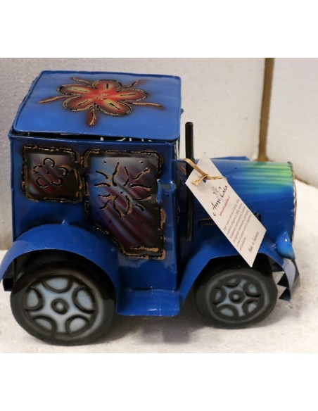 Porta Candela in metallo a forma di camion creata e dipinta a mano cm 26x20x20h blu