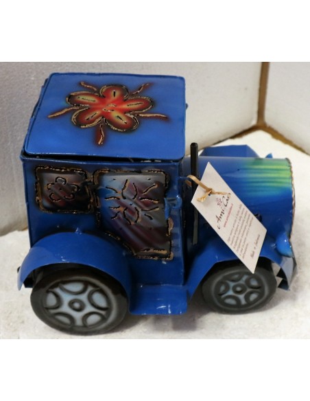 Porta Candela in metallo a forma di camion creata e dipinta a mano cm 26x20x20h blu