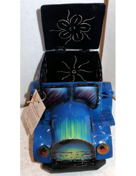 Porta Candela in metallo a forma di camion creata e dipinta a mano cm 26x20x20h blu