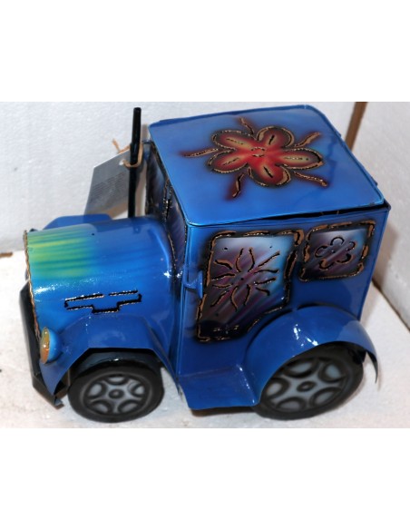Porta Candela in metallo a forma di camion creata e dipinta a mano cm 26x20x20h blu