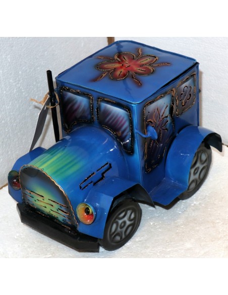 Porta Candela in metallo a forma di camion creata e dipinta a mano cm 26x20x20h blu