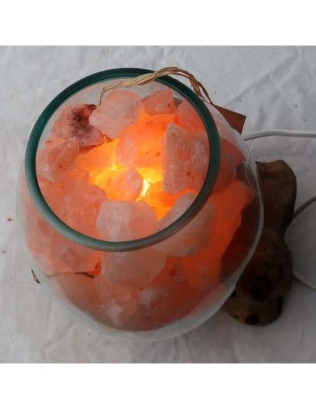 Lampada di sale irripetibile creata in vetro soffiato su legno naturale salgemma Himalaya cm 20x18x21h n 5467 Unica