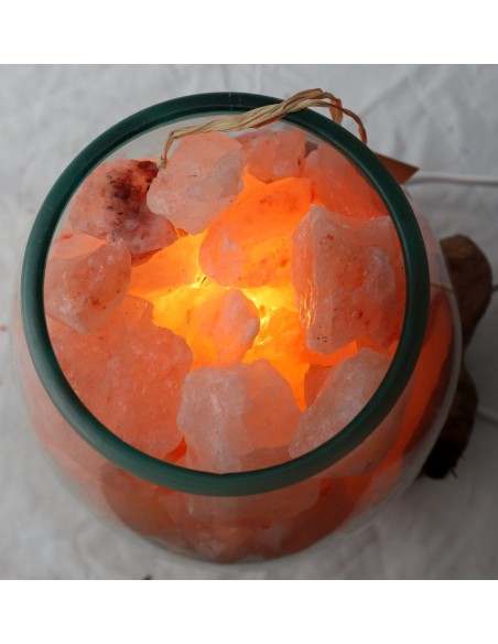 Lampada di sale irripetibile creata in vetro soffiato su legno naturale salgemma Himalaya cm 20x18x21h n 5467 Unica