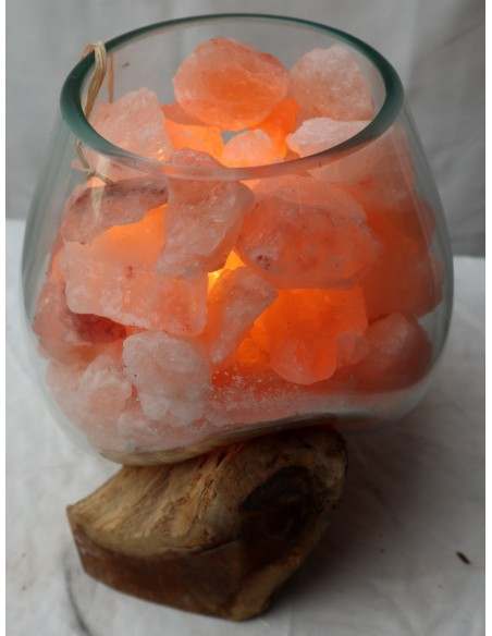 Lampada di sale irripetibile creata in vetro soffiato su legno naturale salgemma Himalaya cm 20x18x21h n 5467 Unica