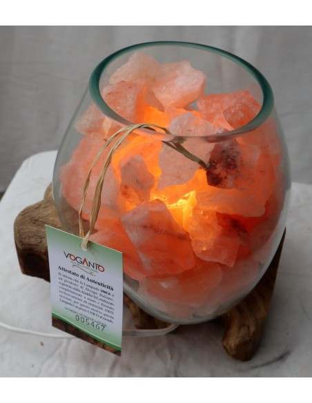 Lampada di sale irripetibile creata in vetro soffiato su legno naturale salgemma Himalaya cm 20x18x21h n 5467 Unica