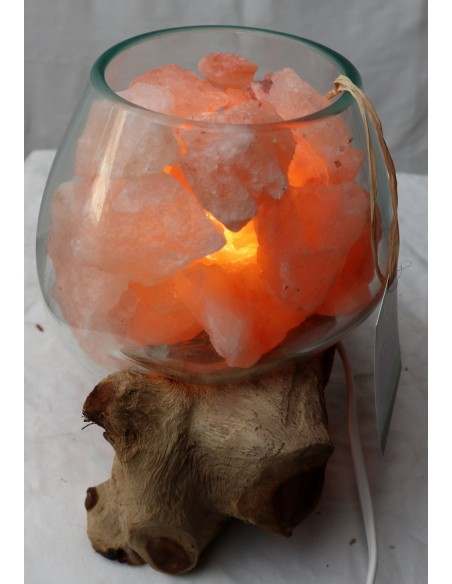 Lampada di sale irripetibile creata in vetro soffiato su legno naturale salgemma Himalaya cm 20x18x21h n 5467 Unica